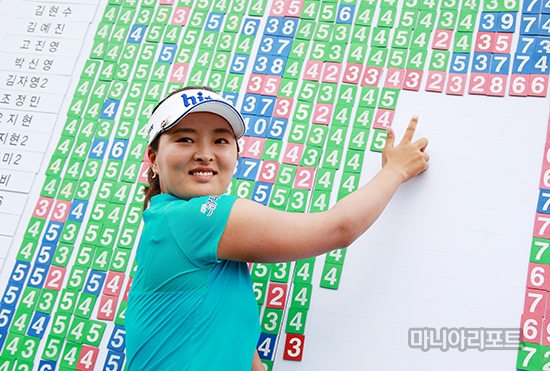 고진영이2라운드후리더보드에기록된자신의8연속버디기록을가리키고있다.제주=김상민기자