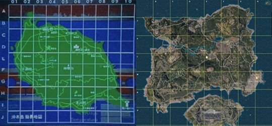 배틀로얄의 맵과 배틀그라운드의 맵 비교.