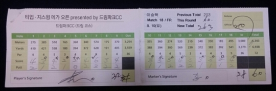 12언더파60타로KPGA투어18홀최저타기록을갈아치운이승택의스코어카드.인천=김현지기자