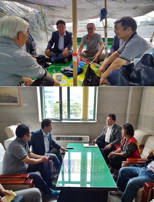 울산시의회 옥상 농성장과 울산과학대 청소노동자를 찾아 면담을 하고 있다.