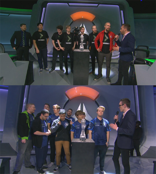 오버워치 컨텐더스 시즌1에서 우승한 기간티(위)와 엔비어스.(사진=오버워치 컨텐더스 중계 캡처)