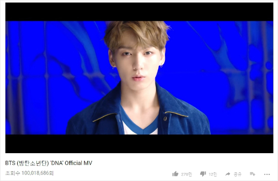 BTS 'DNA' 뮤비, 케이팝 그룹 최단시간 1억뷰 달성