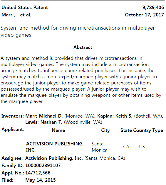 미국 특허상표국은 액티비전이 2015년 출원한 특허 '멀티플레이 비디오 게임에서의 소액결제 시스템과 그 방법(System and method for driving microtransactions in multiplayer video games)'에 대해 17일 특허 등록을 허용했다.