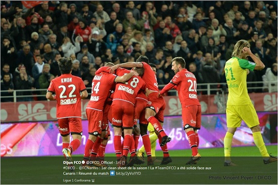 권창훈(등 번호 22번)이 풀 타임 활약한 디종FCO는 메츠에 이어 낭트를 꺾고 리그 2연승하며 강등권 탈출에 성공했다.(사진=디종 공식 트위터 갈무리)