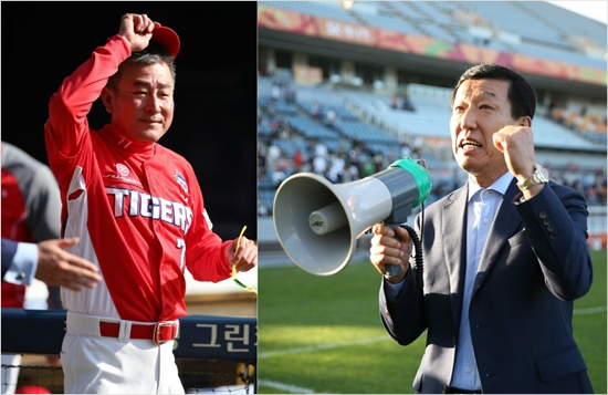 현대·기아차 산하 전북 현대와 KIA 타이거즈는 2009년 동반 우승 이후 8년 만에 동반 우승을 노린다. 29일 K리그 클래식 우승을 확정한 최강희 전북 감독은 김기태 KIA 감독에 "우승 후 만나자"며 특별한 우승 기운을 전달했다.(사진=KIA 타이거즈, 한국프로축구연맹 제공)