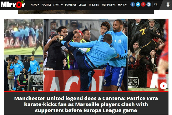 파트리스 에브라의 하이킥을 에릭 칸토나의 발차기와 비교한 미러. (사진=미러 캡처)
