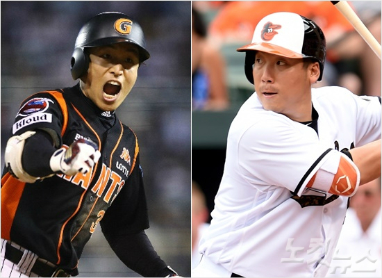 '아섭아, 너는 성공해다오' 올 시즌 이후 FA(자유계약선수) 자격을 얻어 메이저리그 진출을 노리는 롯데 손아섭(왼쪽)과 메이저리그 2년을 마치고 국내 복귀를 검토 중인 필라델피아 김현수.(사진=롯데, 노컷뉴스DB)