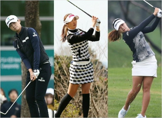 한미일 상금 랭킹 1위 박성현(왼쪽부터)과 김하늘, 이정은. (사진=KLPGA/르꼬끄골프 제공)
