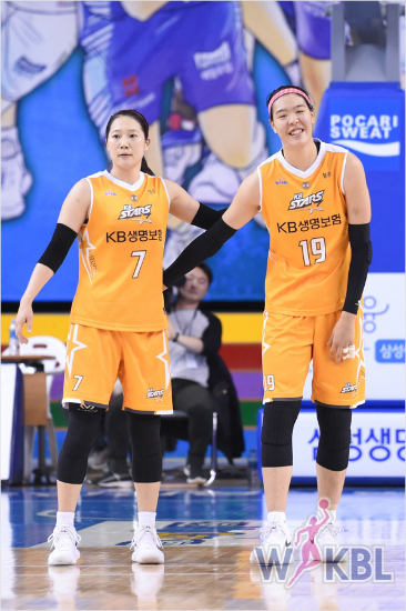 국민은행 강아정(왼쪽)과 박지수가 18일 삼성생명과 원정에서 서로 격려하고 있다.(용인=WKBL)
