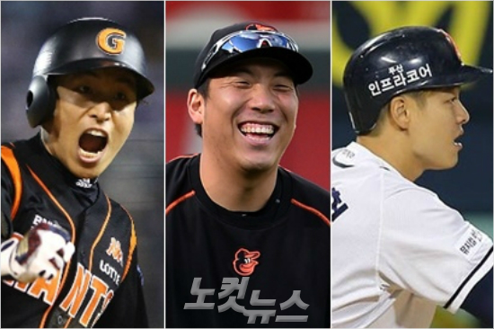 '삼성은 빠졌다, 이들의 행선지는?' 삼성이 21일 롯데에서 14년을 뛴 포수 강민호와 전격 계약을 하면서 손아섭(왼쪽부터), 김현수, 민병헌 등 FA 대어급 외야수들의 행선지가 어디가 될지 관심이 더욱 커지고 있다.(자료사진=롯데, 노컷뉴스DB, 두산)