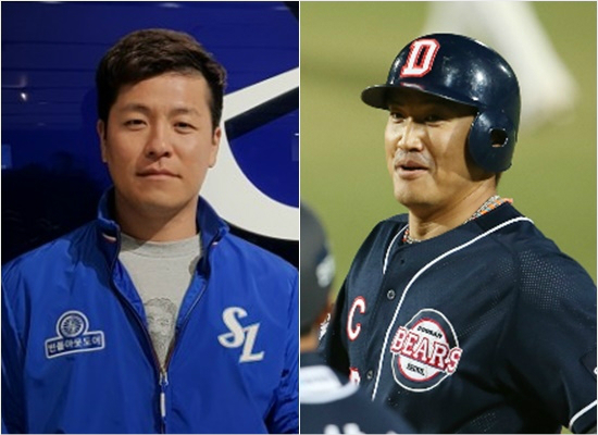 '선배님 뒤를 이을까요?' 14년 동안 정든 롯데를 떠나 삼성으로 전격 이적한 강민호(왼쪽)는 내년 포수뿐 아니라 지명타자로서도 상당한 역할을 할 것으로 기대되는 가운데 포수에서 지명타자로 전향해 더욱 성공한 선배 홍성흔의 뒤를 이을지 관심이다.(자료사진=삼성, 두산)