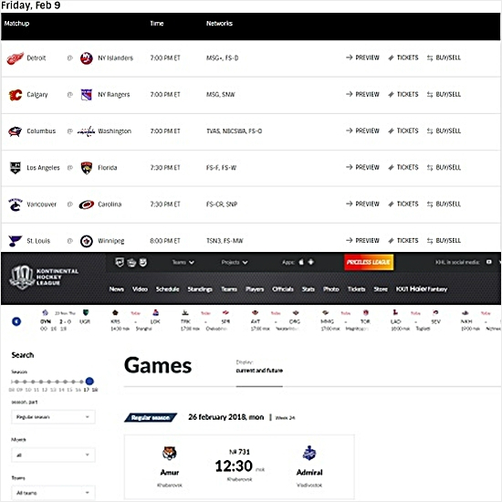북미아이스하키리그(NHL)는 2018 평창 동계올림픽 기간에도 2017~2018시즌 경기 일정을 확정해 사실상 계약 선수의 출전을 막았다.(사진 상단) 하지만 러시아대륙간아이스하키리그(KHL)은 2017~2018시즌 일정 가운데 평창 동계올림픽을 전후로 약 한달의 일정을 비워둔 상태다.(사진=NHL, KHL 공식 홈페이지 갈무리)