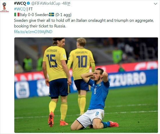 스웨덴은 이탈리아에 무려 60년 만에 월드컵 본선행 좌절이라는 아픔을 안기고 2018 러시아월드컵 본선에 합류했다.(사진=국제축구연맹 월드컵 공식 트위터 갈무리)