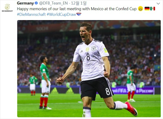 한국은 조별예선 2차전 상대인 멕시코가 독일과 1차전에서 승점 획득의 가능성이 크게 떨어진다는 점에서 더욱 힘겨운 승부를 펼쳐야 하는 운명이다.(사진=독일 축구대표팀 공식 트위터 갈무리)