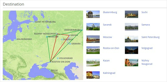 멕시코는 1차전이 열리는 모스크바 인근에 발 빠르게 베이스캠프를 마련했다. 한국은 모스크바와 최북단의 상트페테르부르크 중 한 곳에 베이스캠프를 마련할 예정이다. 사진 내 빨간색은 한국의 경기장, 녹색은 멕시코의 경기장을 표시했다.(사진=국제축구연맹 공식 홈페이지 갈무리)