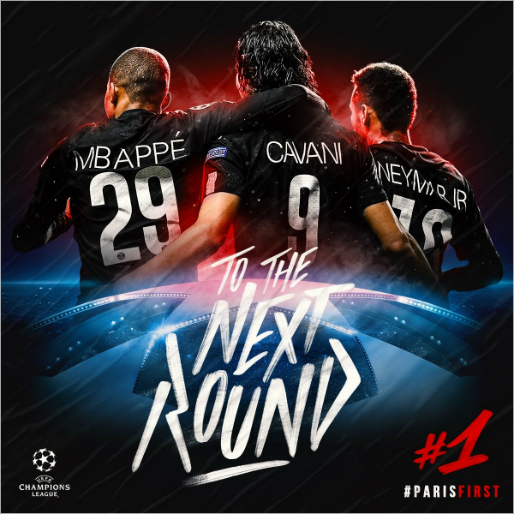 챔피언스리그 최연소 10호골 기록을 세운 킬리안 음바페(왼쪽)와 공격 트리오 에딘손 카바니(가운데), 네이마르. (사진=UEFA 트위터)