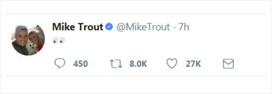 LA 에인절스의 간판 마이크 트라웃이 오타니 쇼헤이의 영입 소식을 접하고 깜짝 놀란 형상의 그림 문자를 올려 눈길을 끌었다 (사진=트위터 캡처)
