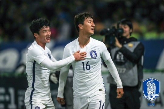 1년6개월 만에 대표팀에 세트피스 골을 선물한 정우영. (사진=대한축구협회 제공)