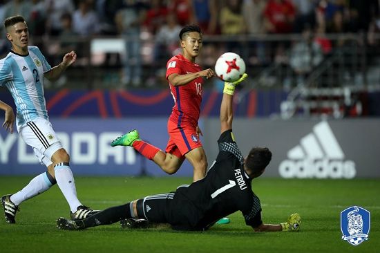 2017 FIFA U-20 월드컵 아르헨티나전에서 골을 터뜨린 이승우. (사진=대한축구협회 제공)