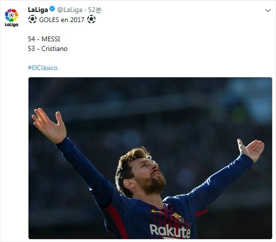 리오넬 메시는 2017~2018시즌 첫 번째 '엘 클라시코'에서 자신의 능력을 확실하게 보여주며 바르셀로나의 3-0 승리까지 이끌었다.(사진=스페인 프리메라리가 공식 트위터 갈무리)