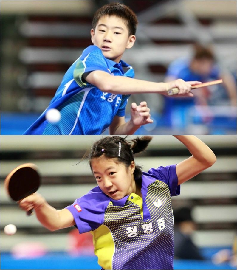 오준성(위)과 신유빈이 제 71회 전국남녀종합탁구선수권대회에서 강력한 드라이브를 하는 모습.(대구=월간 탁구)