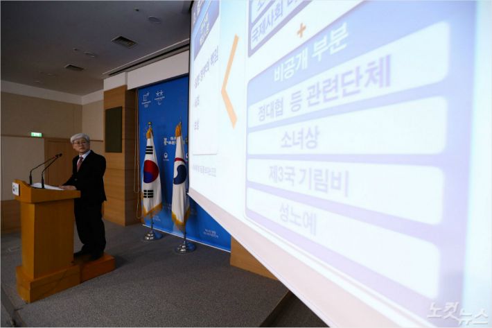 27일 오후 서올 중로구 외교부 청사에서 외교부장관 직속의 ‘한일 일본군위안부 피해자 문제 합의 검토 태스크포스(TF) 오태규 위원장이 5개월간 검토한 결과를 발표하고 있다. (사진=이한형 기자)