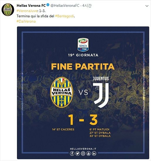 헬라스 베로나는 유벤투스와 2017~2018 이탈리아 세리에A 19라운드에서 1-3으로 패했다. 베로나 소속 공격수 이승우는 이 경기에 결장했다.(사진=헬라스 베로나 공식 트위터 갈무리)