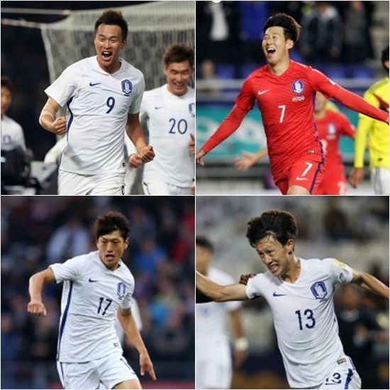 김신욱과 손흥민은 2017년 A매치에서 가장 많은 골을 넣은 선수다. 도움 기록은 이재성이 3개로 가장 많았고, 이청용이 2개로 뒤를 이었다.(사진=왼쪽 상단부터 시계방향/대한축구협회 제공)