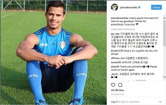 지난 시즌까지 수원 삼성에서 '에이스' 역할을 톡톡히 했던 브라질 출신 공격수 조나탄은 자신의 SNS에 사실상 이적을 의미하는 글을 남겼다.(사진=조나탄 공식 인스타그램 갈무리)