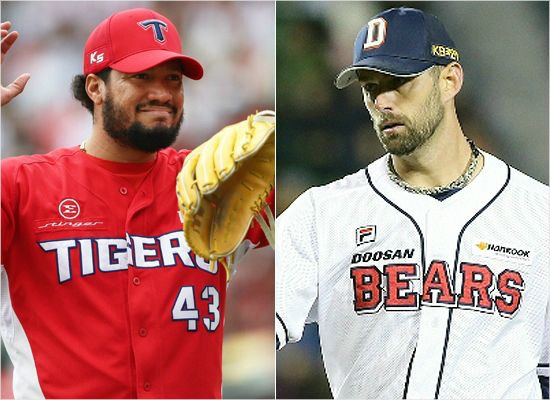 '엇갈린 최고 외인 투수' 지난해 우승팀 KIA는 헥터 노에시(왼쪽) 등 외인 3명과 모두 재계약하며 올 시즌을 대비했고, 두산은 에이스 더스틴 니퍼트(오른쪽)를 포기하는 등 외인 전원 교체의 승부수를 띄웠다.(사진=KIA, 두산)