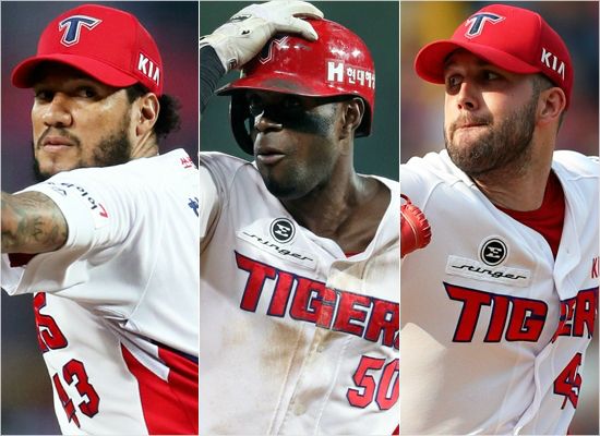 KIA 외인 3인방 헥터(왼쪽부터), 로저 버나디나, 팻 딘.(사진=KIA)