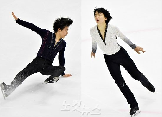'엇갈린 희비' 7일 평창올림픽 피겨스케이팅 남자 싱글 프리스케이팅에서 이준형(왼쪽)이 연기 도중 넘어지는 등 실수를 범하며 올림픽 출전 티켓을 차준환에게 넘겨줘야 했다.(윤창원 기자)