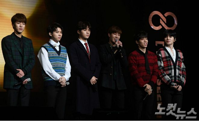 보이그룹 인피니트가 8일 오후 서울 용산구 블루스퀘어 아이마켓홀에서 열린 정규 3집 앨범 'TOP SEED' 쇼케이스에 참석해 인사말을 하고 있다. (사진=이한형 기자)
