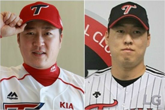 2016시즌 뒤 김한수 감독이 부임한 삼성을 떠나 각각 KIA와 LG 유니폼을 입은 최형우(왼쪽)-차우찬.(사진=KIA, LG) 