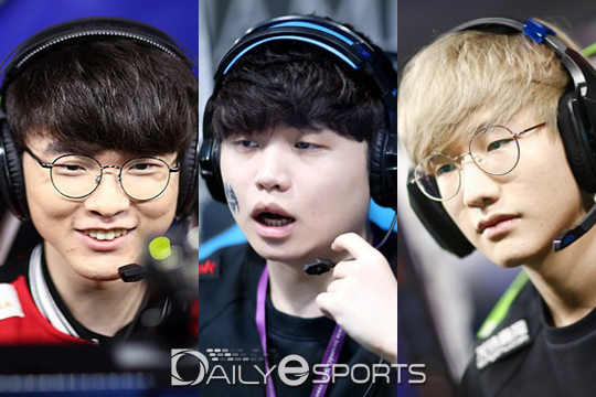 '페이커' 이상혁(왼쪽)과 '비디디' 곽보성(가운데)과 '피넛' 한왕호.