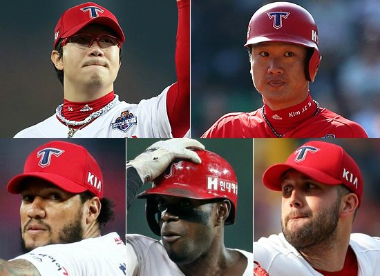 KIA 타이거즈가 16일 베테랑 김주찬과 FA 계약을 체결했다. KIA는 외국인 3인방에 양현종, 그리고 김주찬까지 모두 잔류시키는 데 성공하면서 집토끼 단속을 마쳤다. (왼쪽 상단부터 시계방향) 양현종, 김주찬, 팻 딘, 로저 버나디나, 헥터 노에시. (사진=KIA 제공)