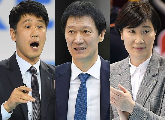 '우승 후보' 팀들을 이끄는 사령탑. (왼쪽부터) 한국도로공사 김종민 감독, IBK기업은행 이정철 감독, 현대건설 이도희 감독. (사진=한국배구연맹 제공)