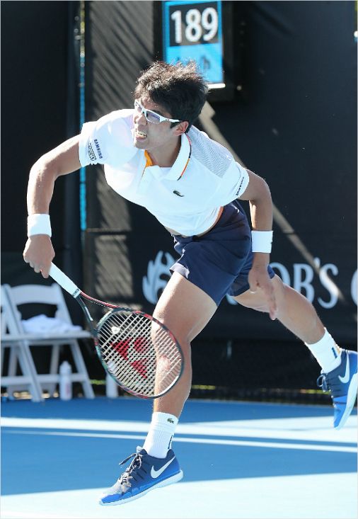 정현의 강력한 서브 모습.(멜버른=대한테니스협회)