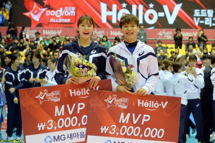정민수(오른쪽)와 이다영이 21일 의정부체육관에서 열린 '도드람 2017-2018 V-리그 올스타전'에서 남녀부 MVP로 선정됐다. (사진=한국배구연맹 제공)
