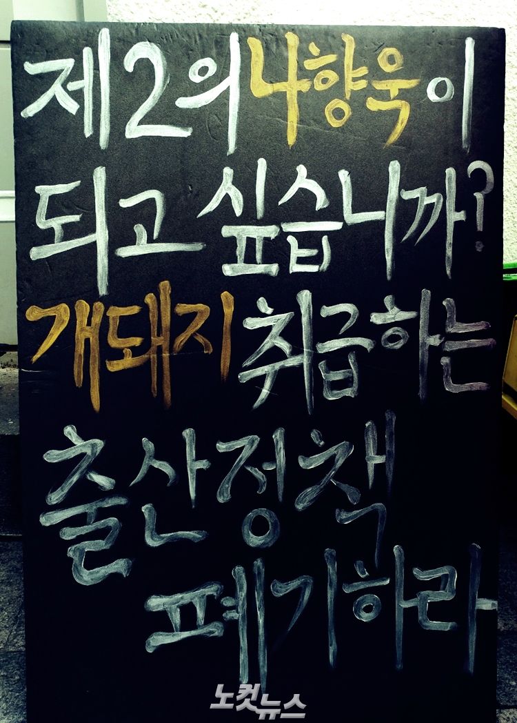 지난해 1월 7일, 서울 종로구 정부종합청사 앞에서 벌어진 '가임거부 시위'에 등장한 피켓 (사진=김수정 기자)