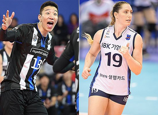 신영석(왼쪽)과 메디가 '도드람 2017-2018 V-리그' 4라운드 남녀부 MVP로 선정됐다고 한국배구연맹이 22일 밝혔다. (사진=한국배구연맹 제공)