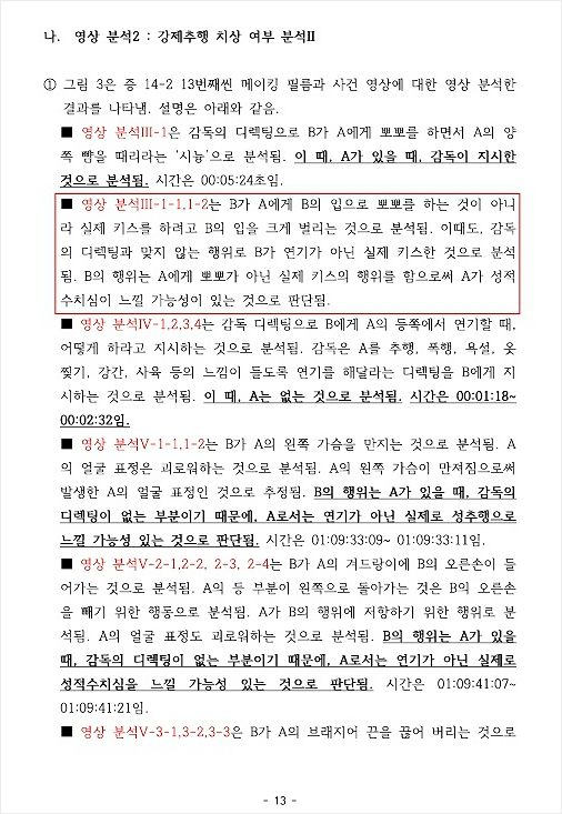 빨간 박스 부분을 보면 윤용인 박사는 'B(조덕제)가 A에게 키스를 하려고 B의 입을 크게 벌리는 것으로 분석됨', 'A에게 뽀뽀가 아닌 실제 키스의 행위를 함으로써 A가 성적 수치심이 느낄 가능성이 있는 것으로 판단됨'이라는 분석을 내놨다. (사진=자료사진)