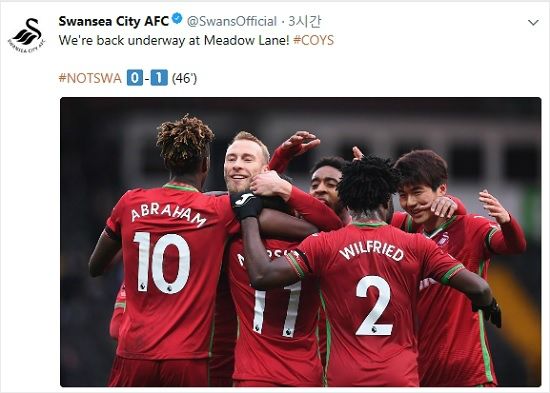 갑작스러운 교체 투입에도 기성용은 노츠 카운티를 상대한 스완지 선수 가운데 단연 눈에 띄는 존재감을 과시했다.(사진=스완지 시티 공식 트위터 갈무리)