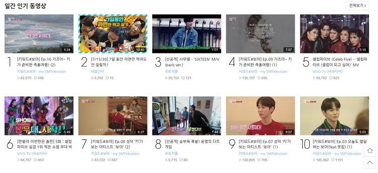 28일 오후 현재, '키워드#보아'는 웹예능 부문 일간 인기 동영상 TOP 10에 절반 이상 이름을 올렸다. (사진=네이버TV 캡처)