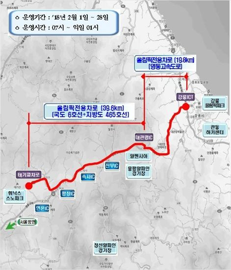 2018 평창 동계올림픽 대회 기간 대회장 인근 국도 및 고속도로에서는 올림픽 전용도로가 운영된다.(사진=2018평창동계올림픽대회 및 동계패럴림픽대회조직위원회 제공)