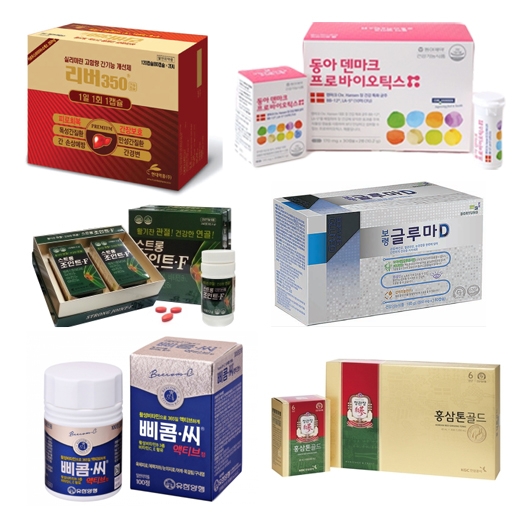 ▲ 맨 위부터 차례로 현대약품 ‘리버350’, 동아제약 ‘동아 덴마크 프로바이오틱스’, 조아제약 ‘스트롱조인트-F’, 보령컨슈머헬스케어 ‘보령 글루마D’, 유한양행 ‘삐콤씨 액티브’, 정관장 ‘홍삼톤골드’
