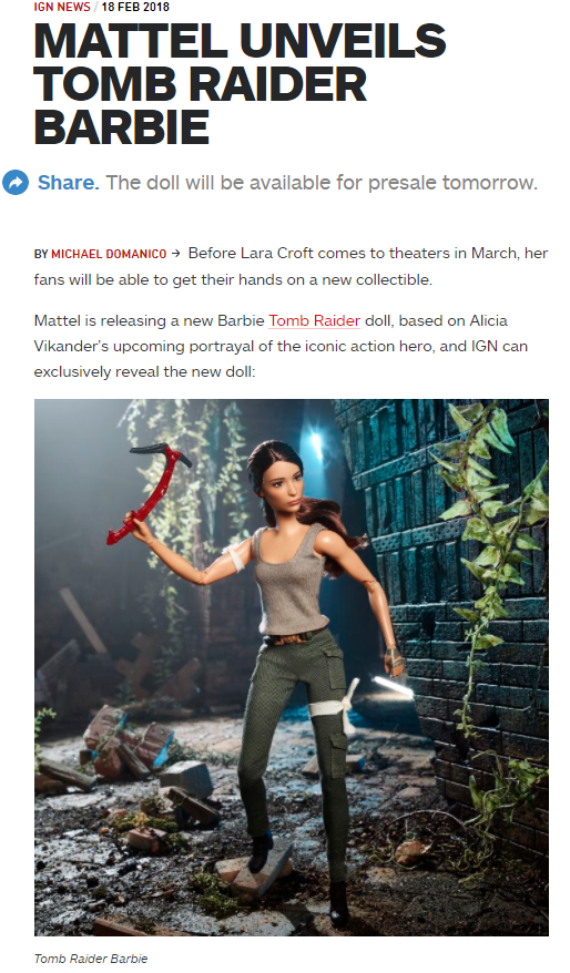 IGN은 완구 업체 마텔이 '툼레이더' 바비 인형을 공개했다고 18일 보도했다.
