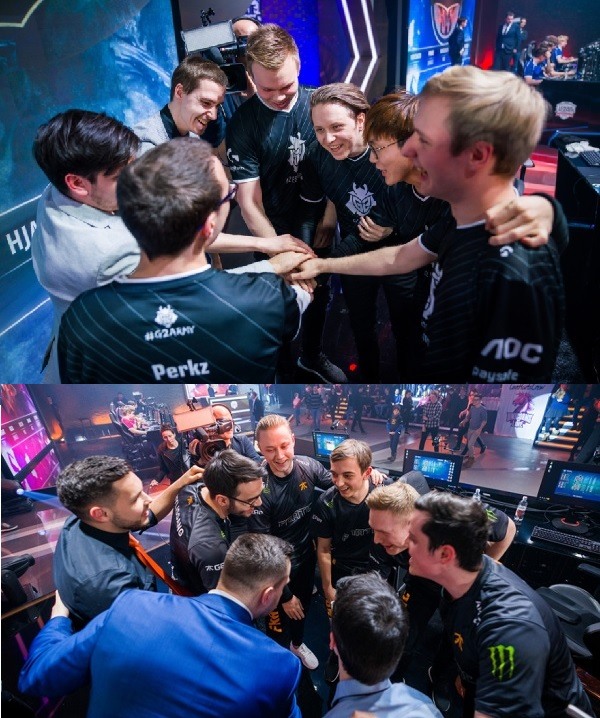 G2 e스포츠(위)와 프나틱이 승리한 뒤 세리머니를 펼치고 있다(사진=라이엇게임즈 제공).