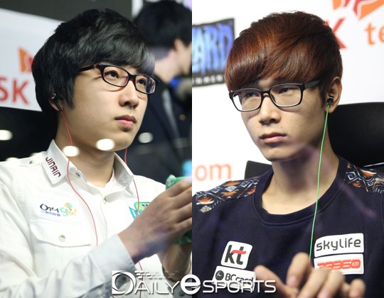 진에어 그린윙스 조성호(왼쪽)와 주성욱이 IEM 카토비체 스타2 오픈 브래킷을 통과했다.