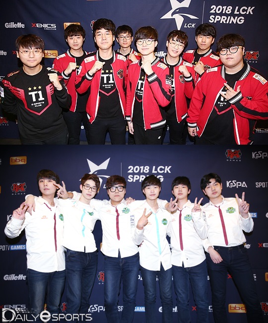 지난 스프링 1라운드 대결에서 94분의 명승부를 연출한 SK텔레콤 T1(위)과 진에어 그린윙스가 다시 맞붙는다.